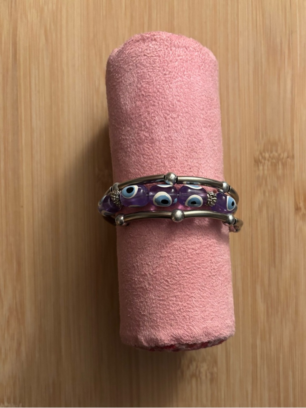 Silver Tone Bracelet with Purple Evil Eye Beads